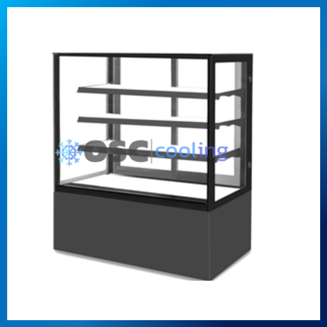 ตู้โชว์เค้กกระจกตรง 3 ชั้นวาง กว้าง 120 ซม. สีดำ "SANDEN" 19.4 คิว [SKR-1203TG]