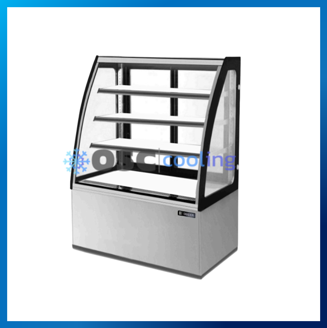 ตู้โชว์เค้กกระจกโค้ง 3 ชั้นวาง กว้าง 90 ซม. สีสแตนเลส "SANDEN" 12.5 คิว [SKC-0903SG]