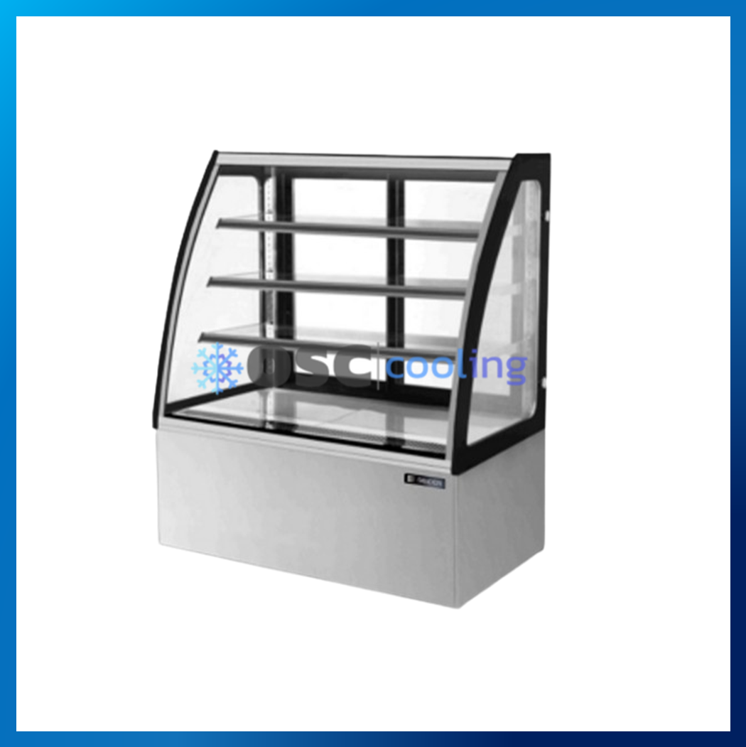 ตู้โชว์เค้กกระจกโค้ง 3 ชั้นวาง กว้าง 90 ซม. สีสแตนเลส "SANDEN" 12.5 คิว [SKC-0903G]