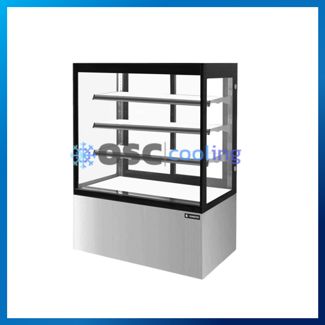 ตู้โชว์เค้กกระจกตรง 3 ชั้นวาง กว้าง 90 ซม. สีสแตนเลส "SANDEN" 16.9 คิว [SKR-0903SG]