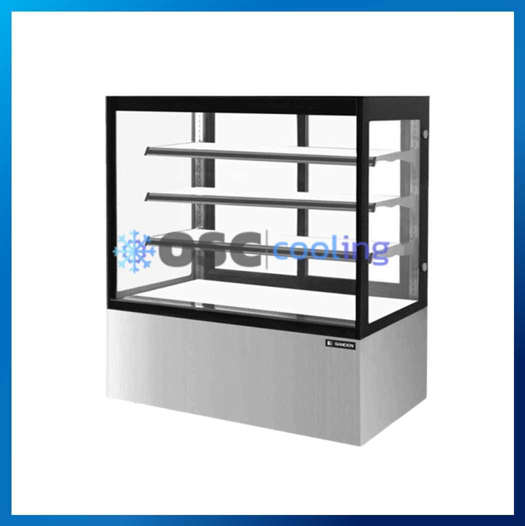 ตู้โชว์เค้กกระจกตรง 3 ชั้นวาง กว้าง 120 ซม. สีสเตนเลส "SANDEN" 19.4 คิว [SKR-1203SG]