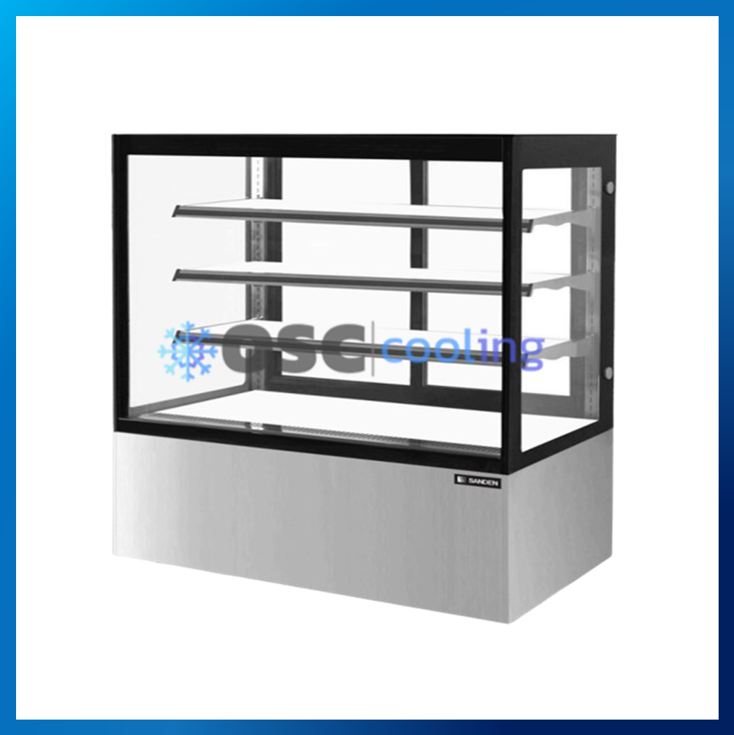 ตู้โชว์เค้กกระจกตรง 3 ชั้นวาง กว้าง 150 ซม. สีสแตนเลส "SANDEN" 25.2 คิว [SKR-1503SG]