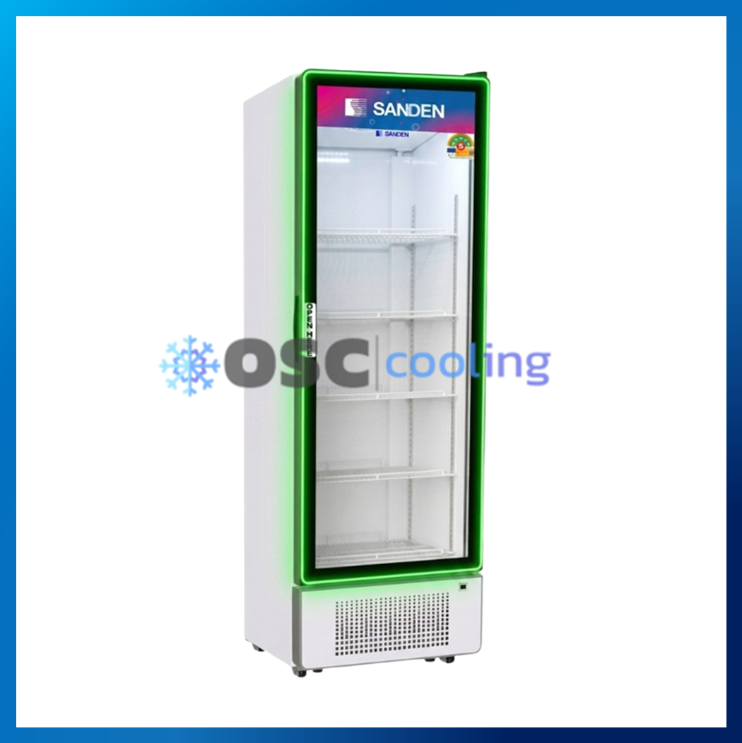 ตู้แช่เย็น 1 ประตู "SANDEN" 13.9 คิว สีขาว (ไฟที่ขอบประตูสีเขียว) [SPD-0500P-PLUS-WH-LED GREEN]